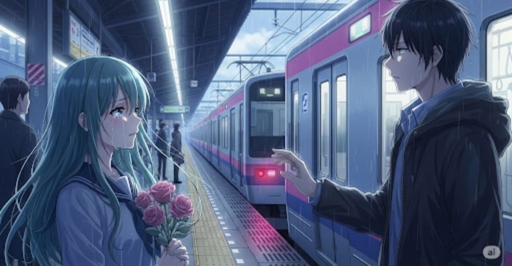 Gambar anime yang mengilustrasikan perpisaan sepasang kekasih di stasiun kereta . Dipergunakan pada artikel dengan
Judul Lagu : Si Nian Yi Shun Jian 思念一瞬间
