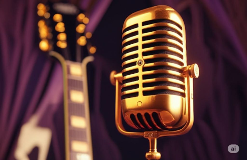 Gambar Mic dengan latar belakang panggung music.