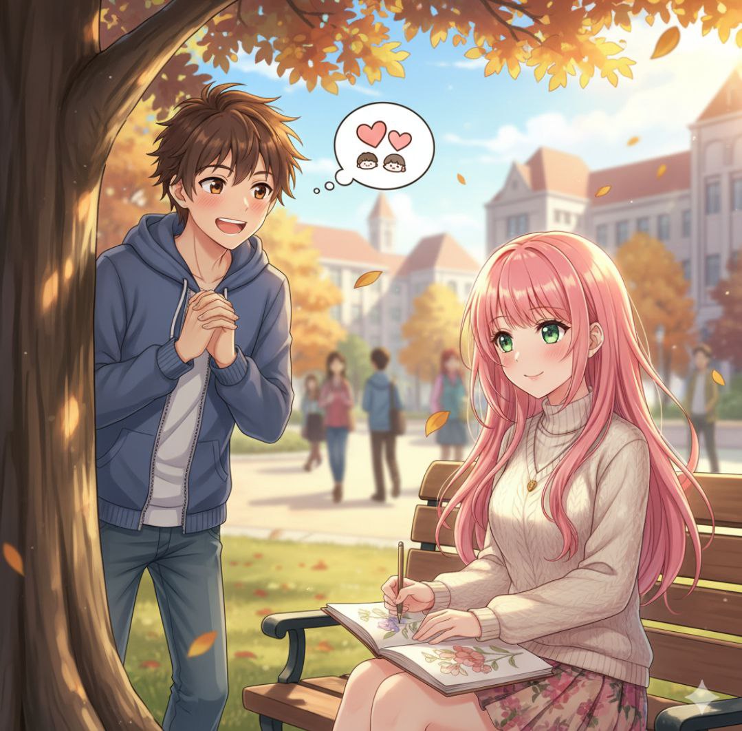 Ilustrasi seorang remaja diam-diam menyukai seorang perempuan remaja untuk judul lagu 我是真的 爱上你