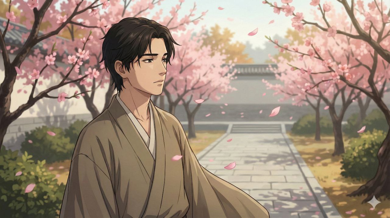 Ilustrasi untuk lagu 我等到花儿也谢了 . Melukiskan seorang pria yang berada di taman bunga yang sedang berguguran.