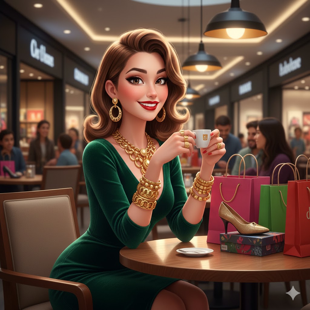 Gambar ilustrasi Ariana Grande - 7 Rings untuk ilustrasikan kehidupan glamour seorang wanita yang menuntut kebebasa karena kemampuan finansial pribadinya.