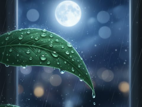 midnight rain. raindrop on green leaf tail foreground just infront of windows view. background full moon and raindrop