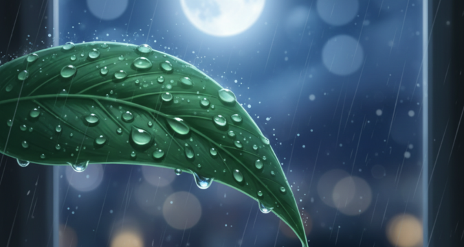 midnight rain. raindrop on green leaf tail foreground just infront of windows view. background full moon and raindrop