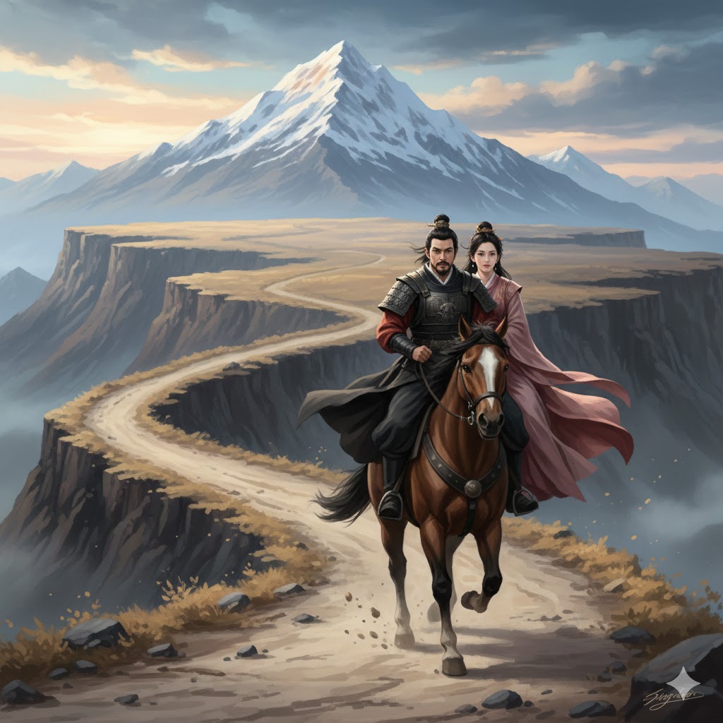 Gambar ilustrasi untuk Lirik 漫步人生路 - Màn bù rén shēng lù. Gambar menggambarkan sepasang kekasih yang menempuh jalan jauh untuk mencapai tujuan.