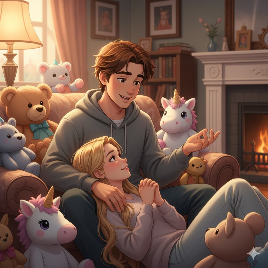 Gambar Ilustrasi untuk lagu Taylor Swift - Forever & Always. Dalam gambar melukiskan Sepasang kekasih. Seorang pria bercerita. Seorang gadis menatap mata para pria. Penuh cinta. Berbaring di kaki pria itu. Mainan-mainan lembut bertebaran di ruang tamu.