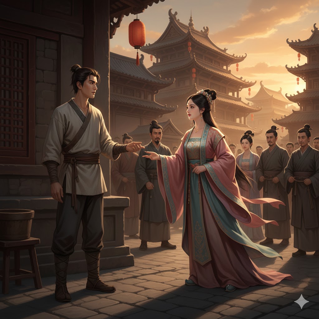 Gambar untul ilustrasi lagu Wen Bie 吻别. Dalam gambar dilukiskan seorang wanita dari kalangan keluarga berada datang mendekat menghampiri seoarang pria yang jatuh cinta dan segera berpisah