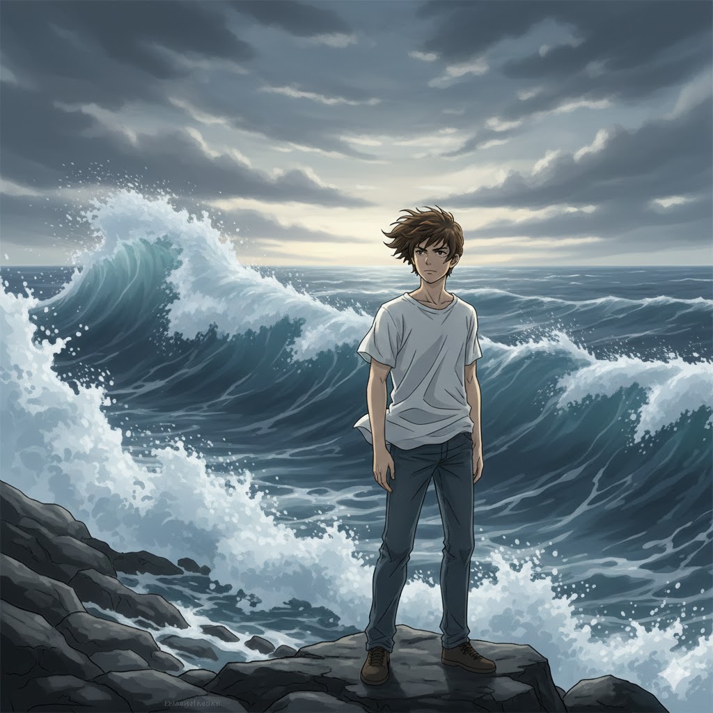 Gambar Ilustrasi untuk lagu 一天到晚游泳的 yi tian dao wan you yong de yu yang menggambarkan seoarang pemuda sedang di pantai dengan ombak yang memecah di pantai.