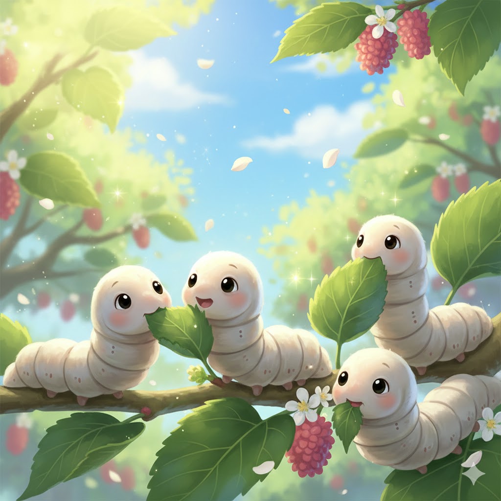 Gambar Ilustrasi untuk lagu 原鄉人 - Yuán xiāng rén . Dilukiskan dalam gambar ulat sutera yang sedang makan daun mulberry.
