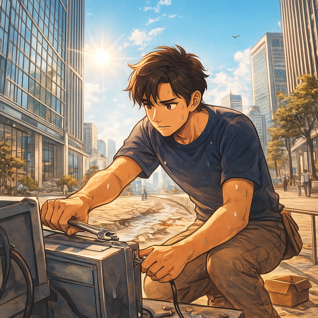 Gambar ilustrasi untuk lirik lagu 我的未來不是夢 - Wǒ De Weì Lái Bú Shì Mèng. Menggambarkan seoarang pemuda bekerja keras di sebuah kota metropolitan sedang melakukan pengelasan dibawah teriknya matahari.