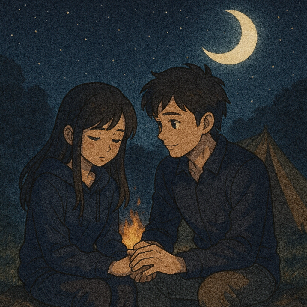 Gambar Ilustrasi untuk lagu zhang yu sheng dengan judul 是否真的爱我 - Shì-Fǒu Zhēn de Ài Wǒ. Gambar menggambarkan sepasang kekasih dimana sang wanita sedang termenung dan diam. Sementara si pria menggenggam erat tangan si wanita. Suana di perkemahan yang romantis dengan sinar bulan sabit dan bintang bertebaran di langit. 