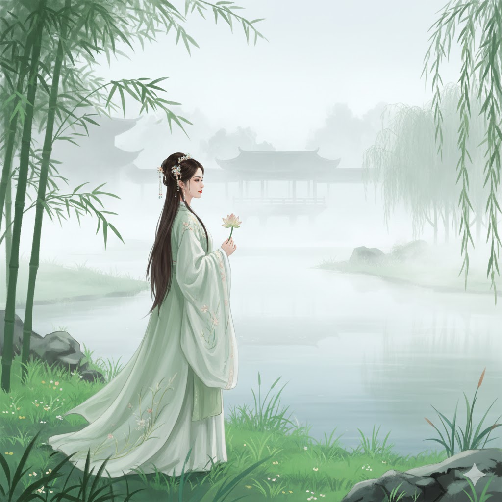 Gambar untuk Lirik 在水一方 - Zài shuǐ yī fāng .Rumput hijau subur, kabut putih berkabut; Seorang wanita cantik