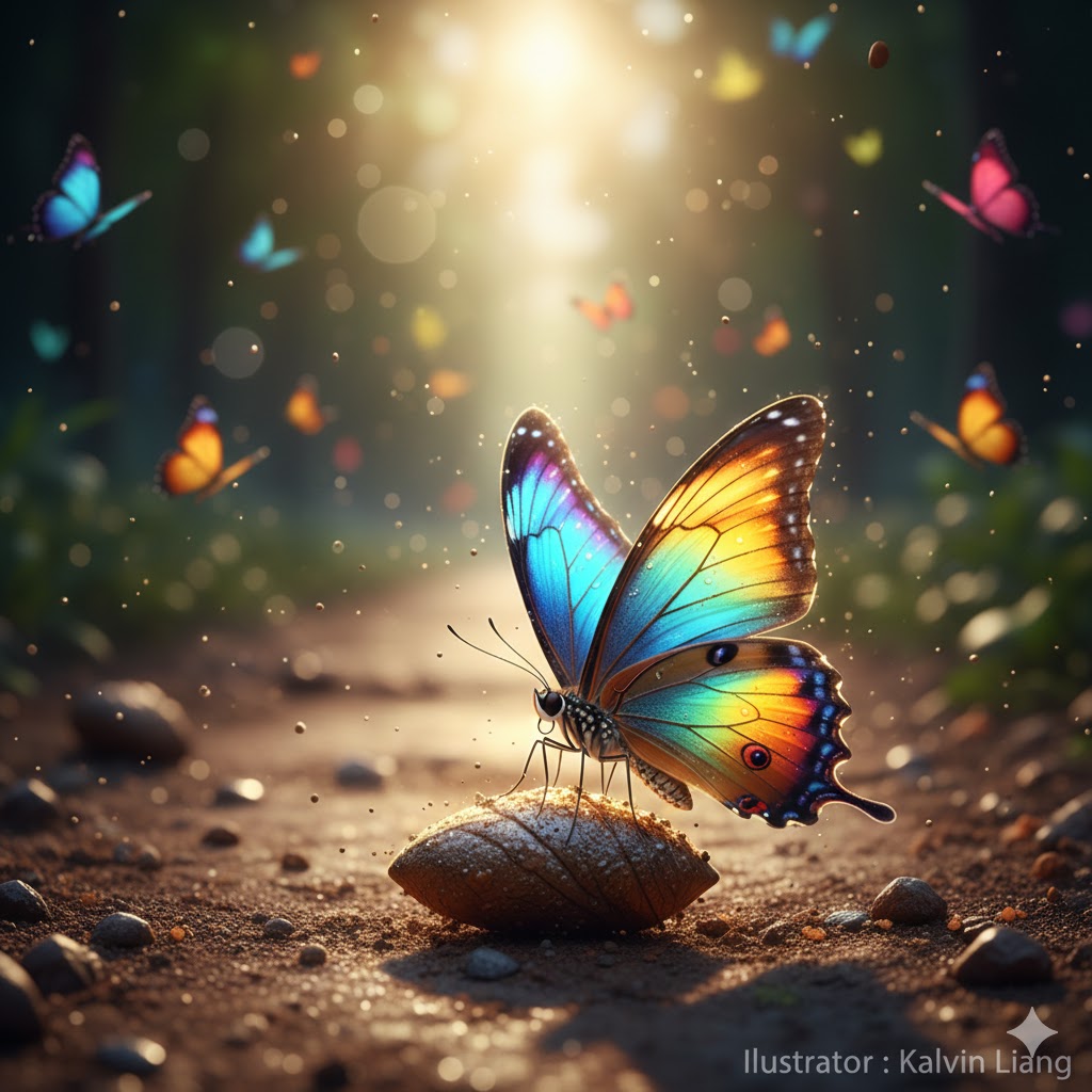 塵埃 - Chén'āi 童安格 - Tóng'āngé.
Disney Pixar Anime style. 512x512 pixel. cocoon shell cover by dust and mud protecting the future generation .The colourful butterfly step on the cocoon , open its wing .ready to fly. dust and mud scattered on the foot path after rain