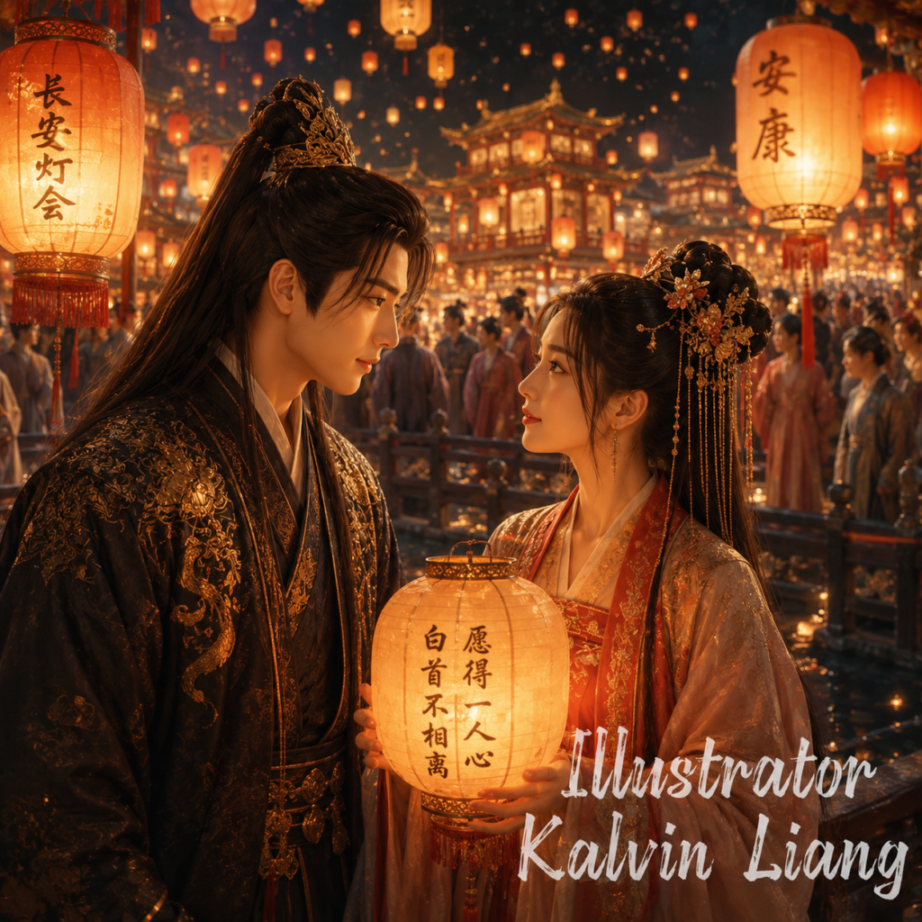 节日快乐 Jiérì kuàilè Rainie Yang 杨丞琳. Ilustration image for song. image contain lampion festival in china colosal drama style.