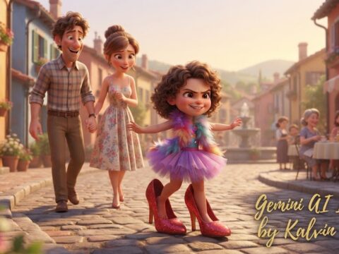 disney pixsar style image. little girl wearing over size high heel, walking infront of her parent.