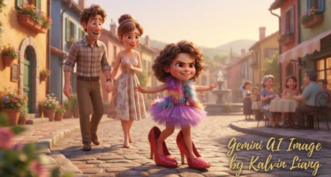 disney pixsar style image. little girl wearing over size high heel, walking infront of her parent.