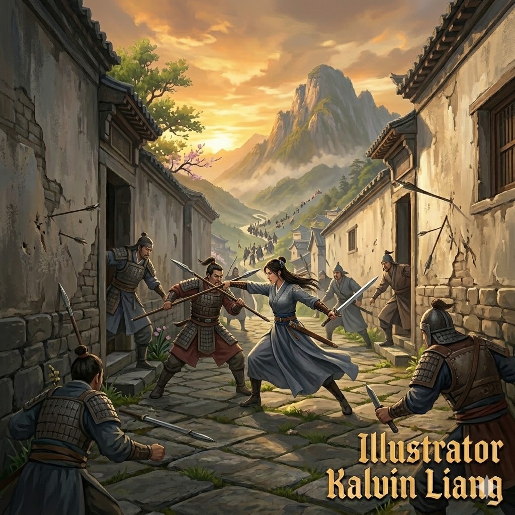 Ilustration for song lyric 勇敢很好 Yǒnggǎn hěn hǎo Rainie Yang 杨丞琳.
A warrior fighting enemy . background ancient era like chinese colosal with old building